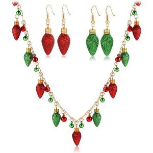 New Christmas Necklace & Earrings Set Long Red Green Glitter Light Bulbs Jewelry